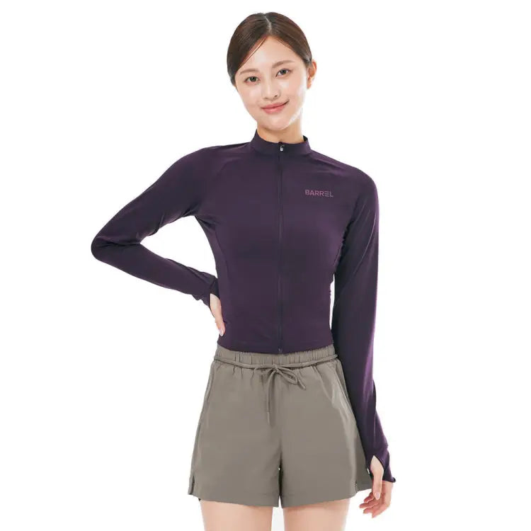 Rashguards: Barrel Women Essential Crop Zip Rashguard-BURGUNDY - 2025, BARREL, BARREL HK, BRIV25HKOP02, Burgundy