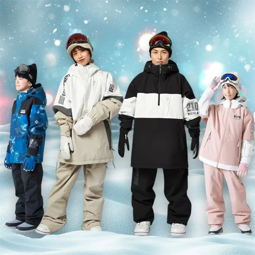 Four people wearing winter ski or snowboard outfits in different colors including blue, beige, black/white, and pink.