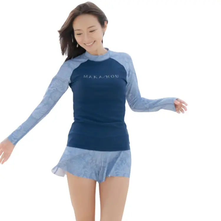 Rashguards: Maka - Hou Women Long Sleeve Rashguard - NAVY LEAF - Brush Flower, Clothing, Exceed By, Fashion, Hong Kong | 11W11 - 22S1714 - M