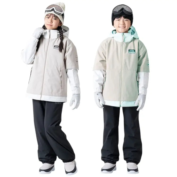 Jackets / Snow: Nima Kids Snow Suits-BEIGE (Japanese Brand) - Nima / Beige / 130 / 2024, Beige, Blue Flower, Clothing, Ice & Snow
